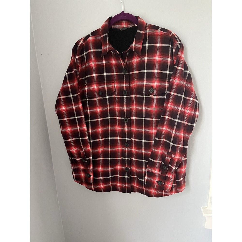 Eddie Bauer Women's Jacket M Red Black Plaid Fleece Sherpa Lined Button‎ Up
